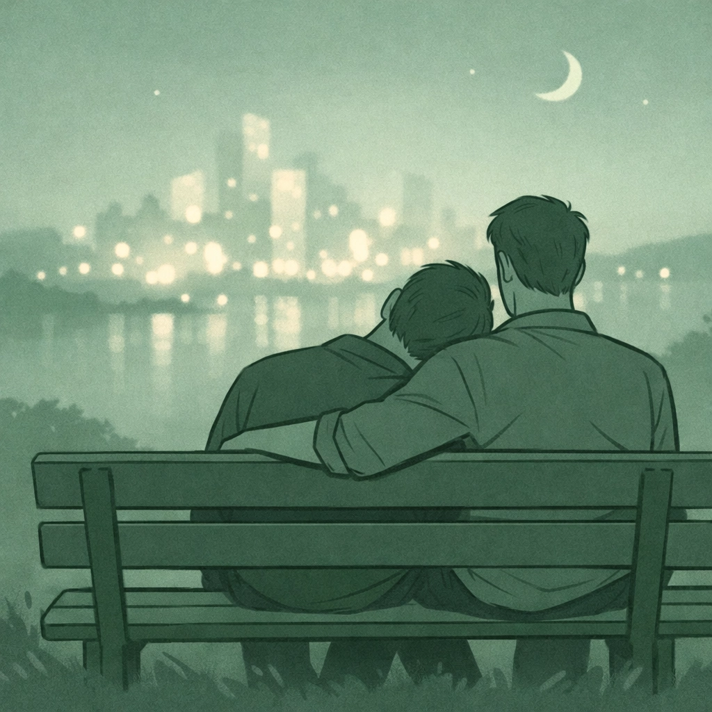 Two men sharing intimate moment on park bench gazing at dreamlike city representing MM romance and connection