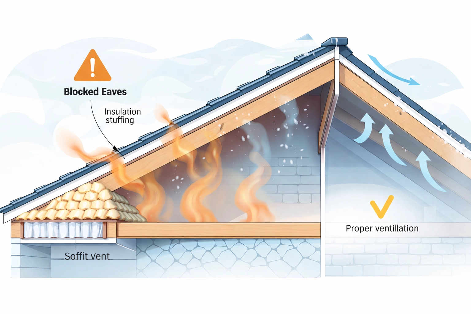 Illustration comparing blocked and ventilated roof spaces, showing how moisture causes roof rot.