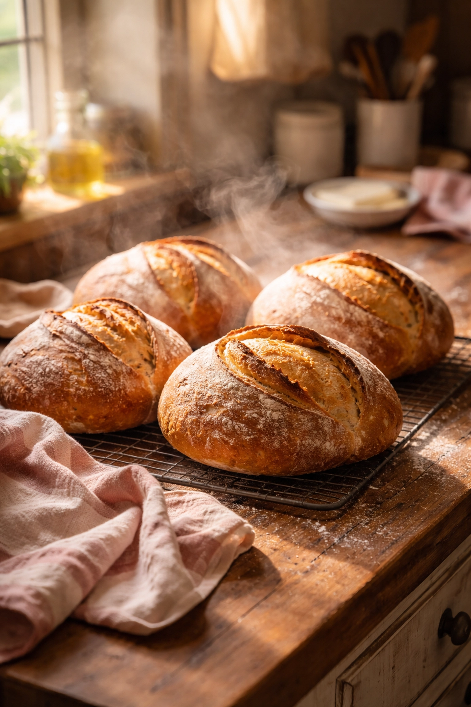 Freshly baked artisan bread loaves cooling in a cozy Felixstowe cafe kitchen, showcasing in-house baking