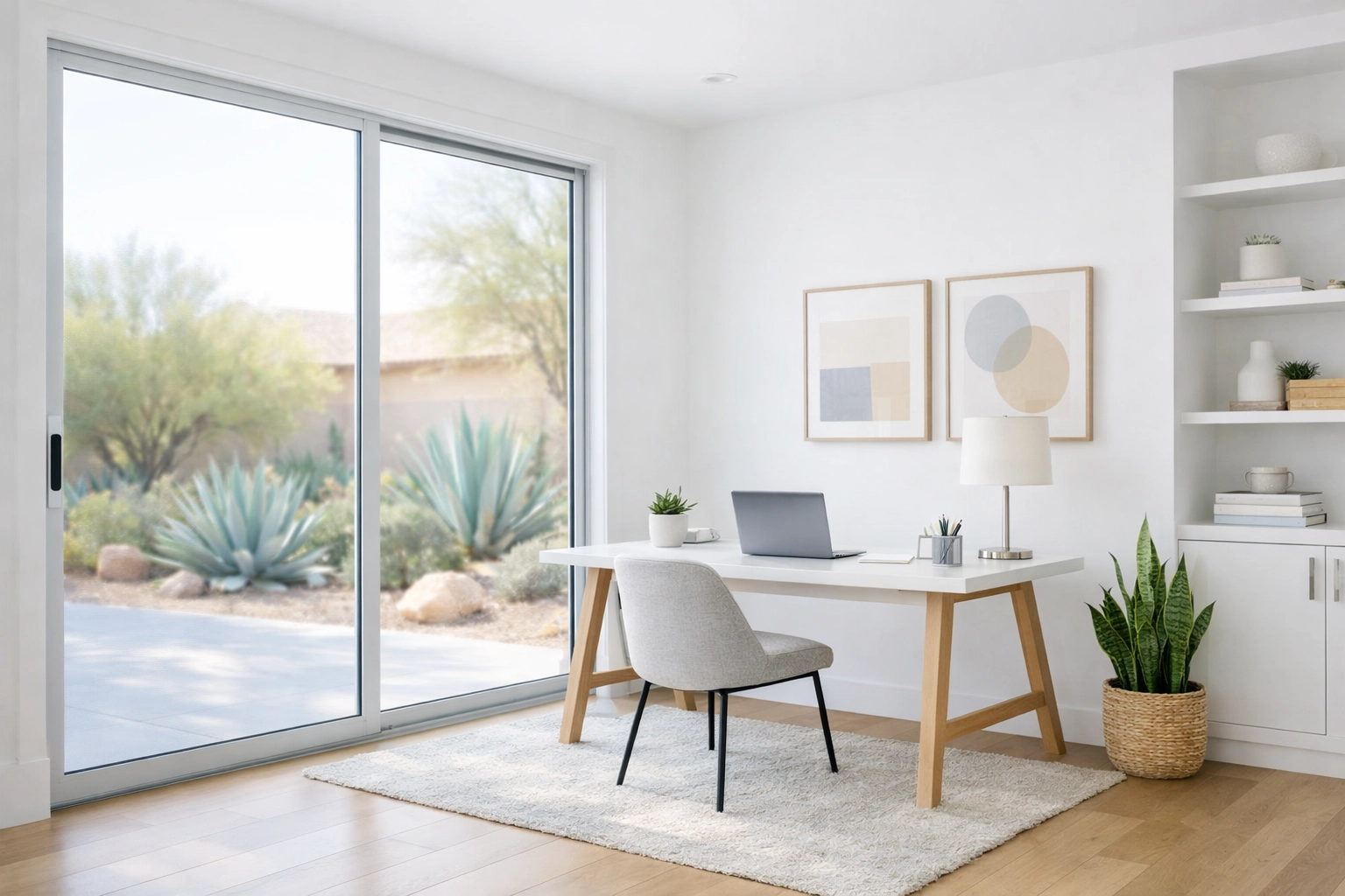Modern energy-efficient home office addition in Gilbert featuring large windows and desert views.