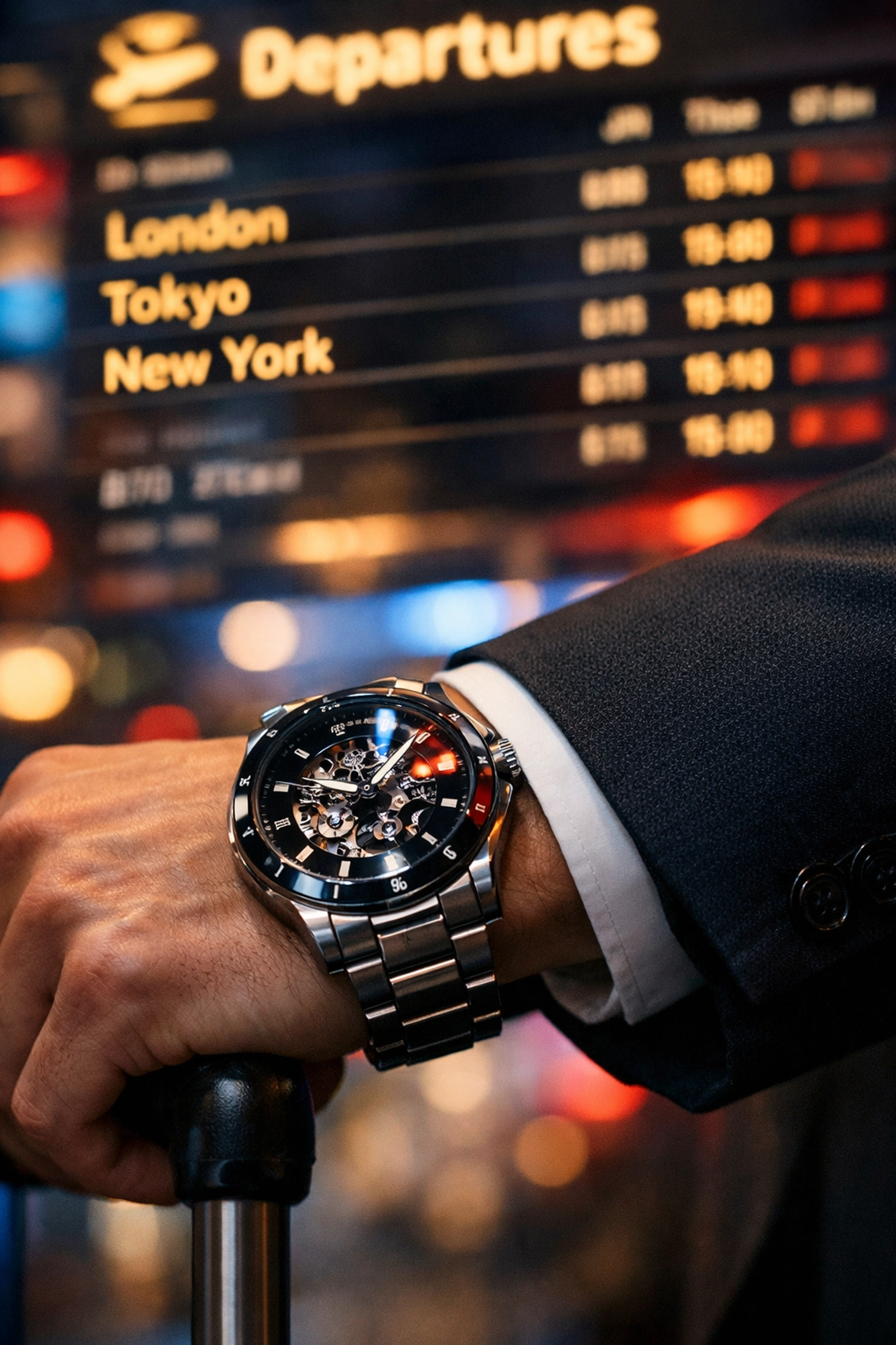 Close-up of a traveler's watch in an airport terminal for global time zone mastery.