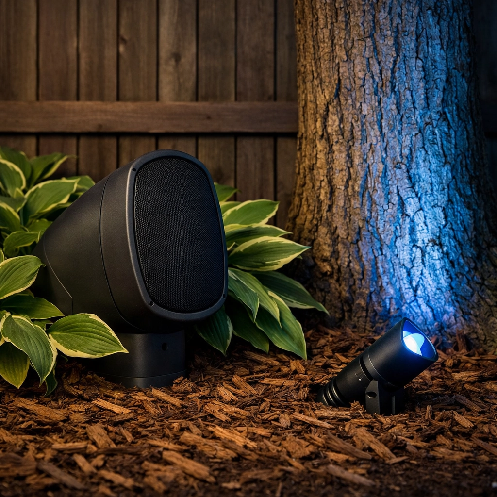 Professional outdoor speaker and blue LED landscape lighting discreetly installed in a Lexington garden bed.