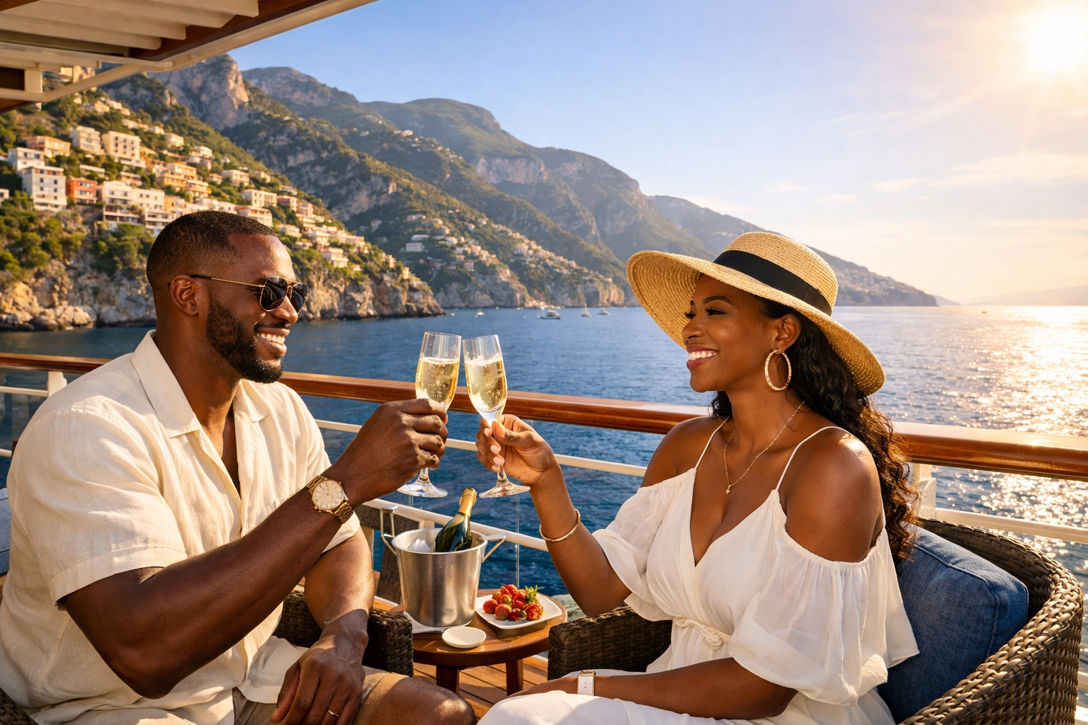 A couple enjoying a private balcony view, showcasing luxury cruise deals found by a cruise travel agent.