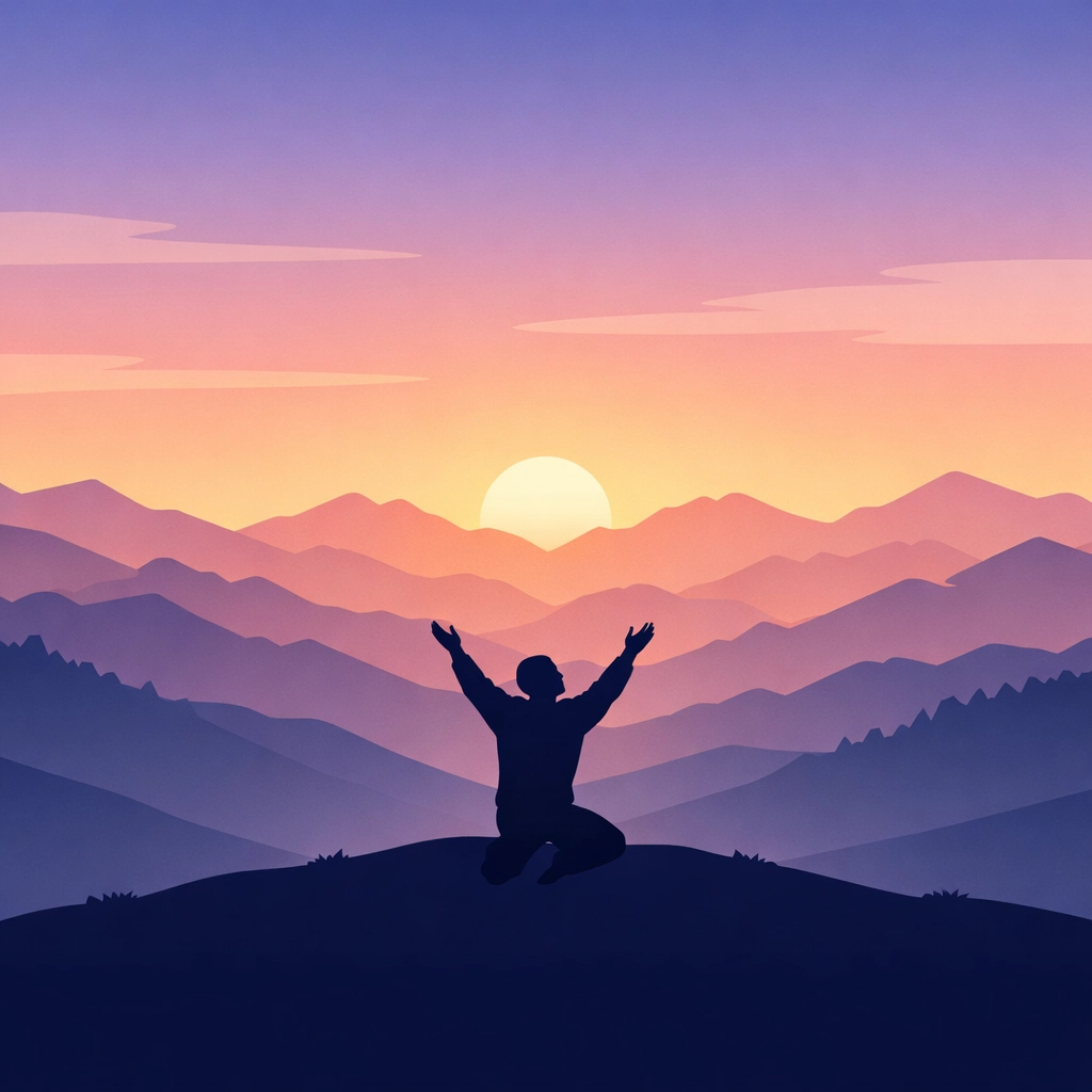 Person worshiping on mountain at sunrise during healing prayer and breakthrough