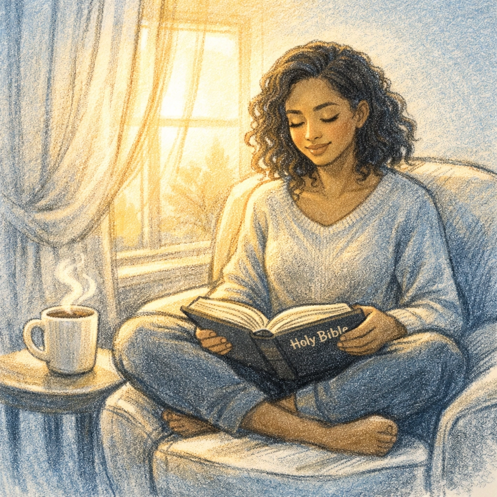 Illustration of a diverse adult reading a Bible with coffee at a bright window, modern charcoal line art with blue/yellow accents