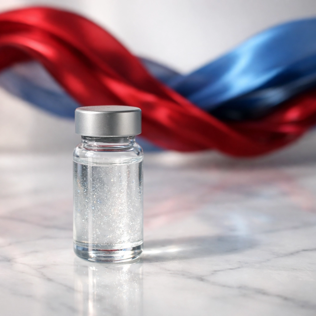 Research vial with flowing ribbons representing improved blood flow and oxygen delivery from Vesilut.