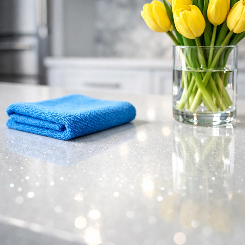 Detail shot of a sparkling clean kitchen island in a Boston home after a professional move-in deep cleaning.