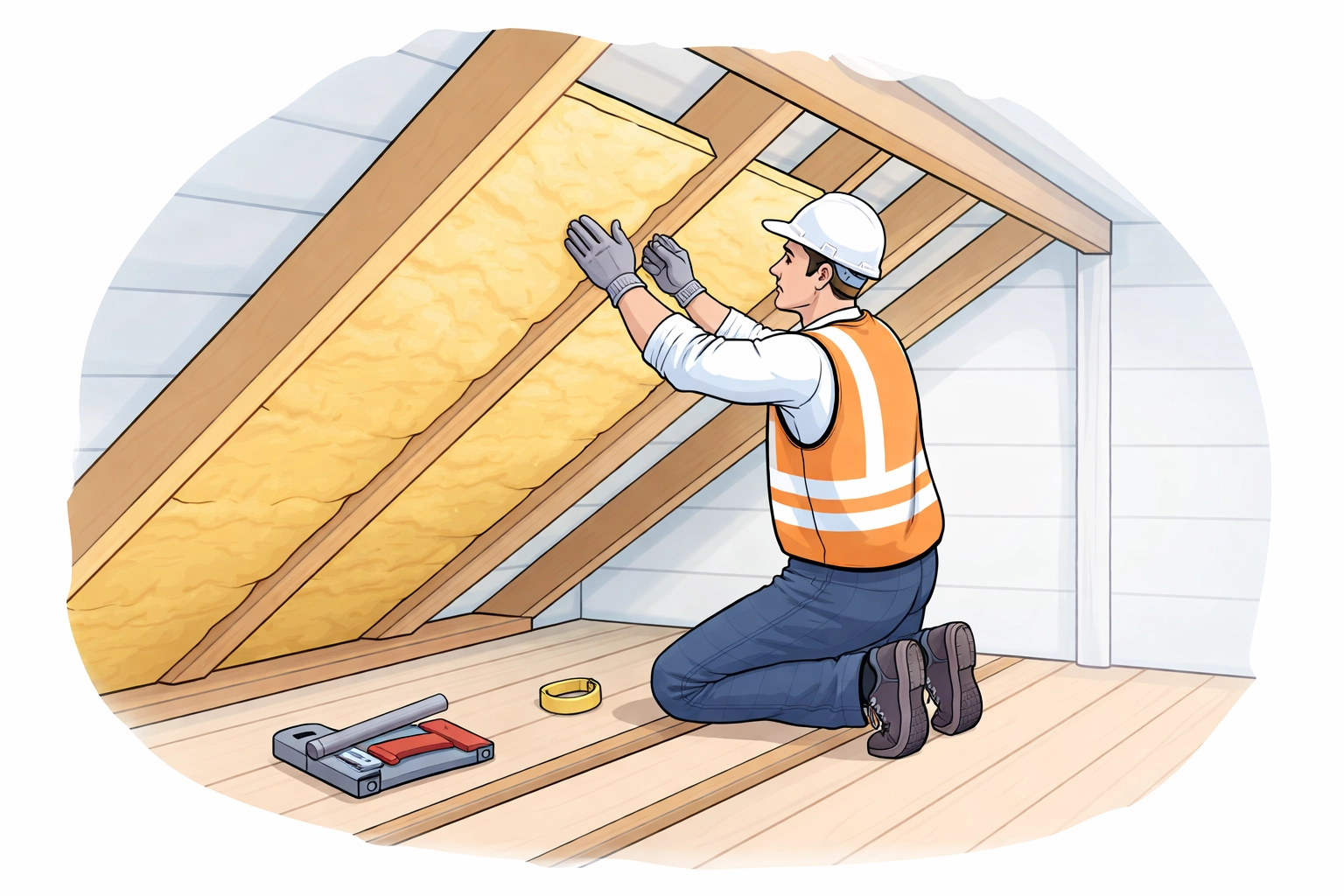 Professional installer fitting loft insulation to rafters, demonstrating expert loft insulation installation process.