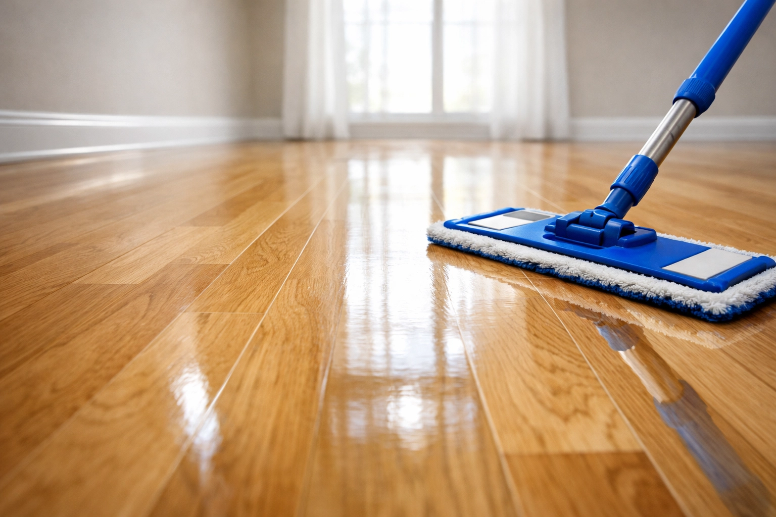 Polished hardwood floors and professional mop used for move-in cleaning in Boston apartments.