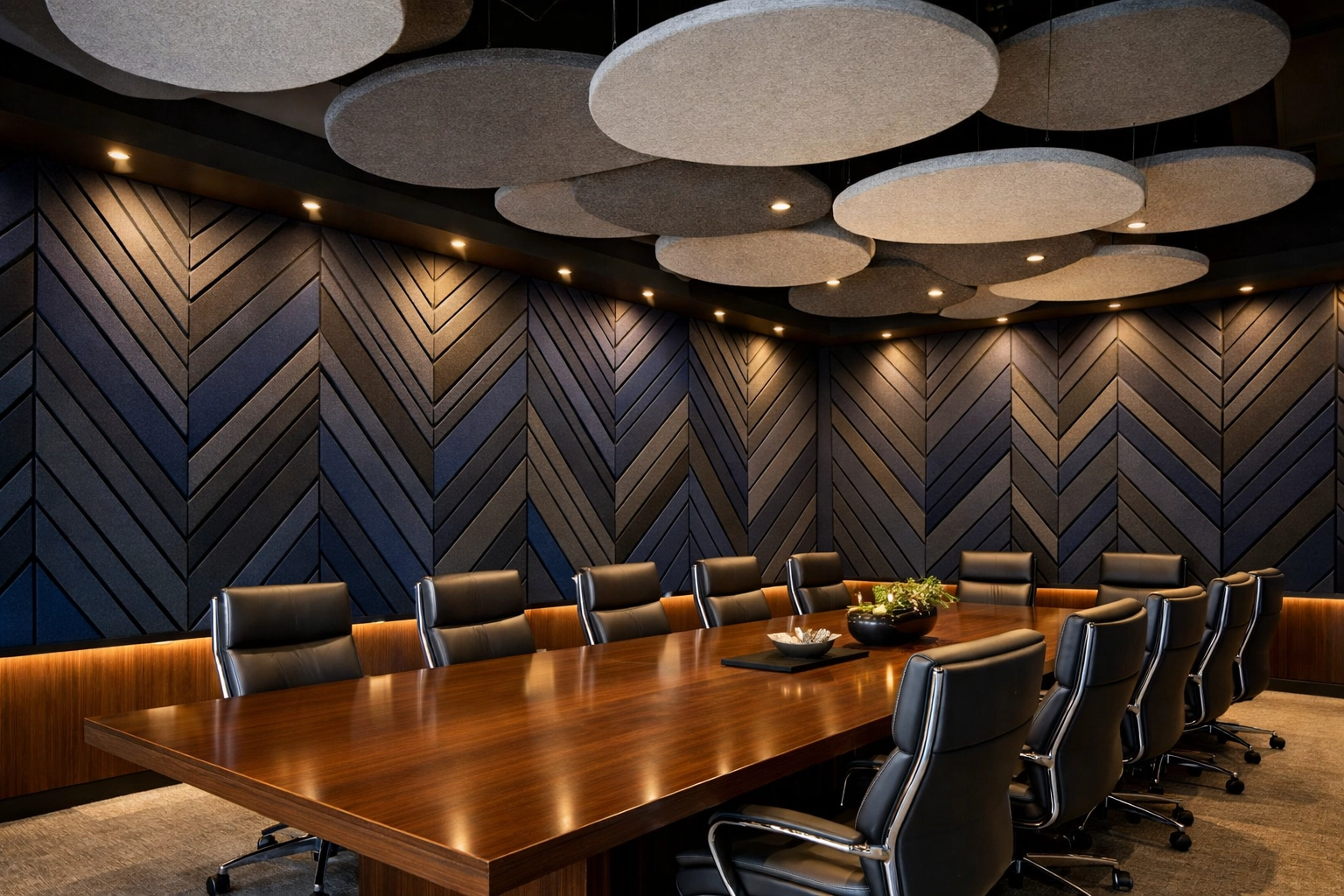Luxury boardroom featuring V-groove PET acoustic wall panels and suspended ceiling acoustic clouds.