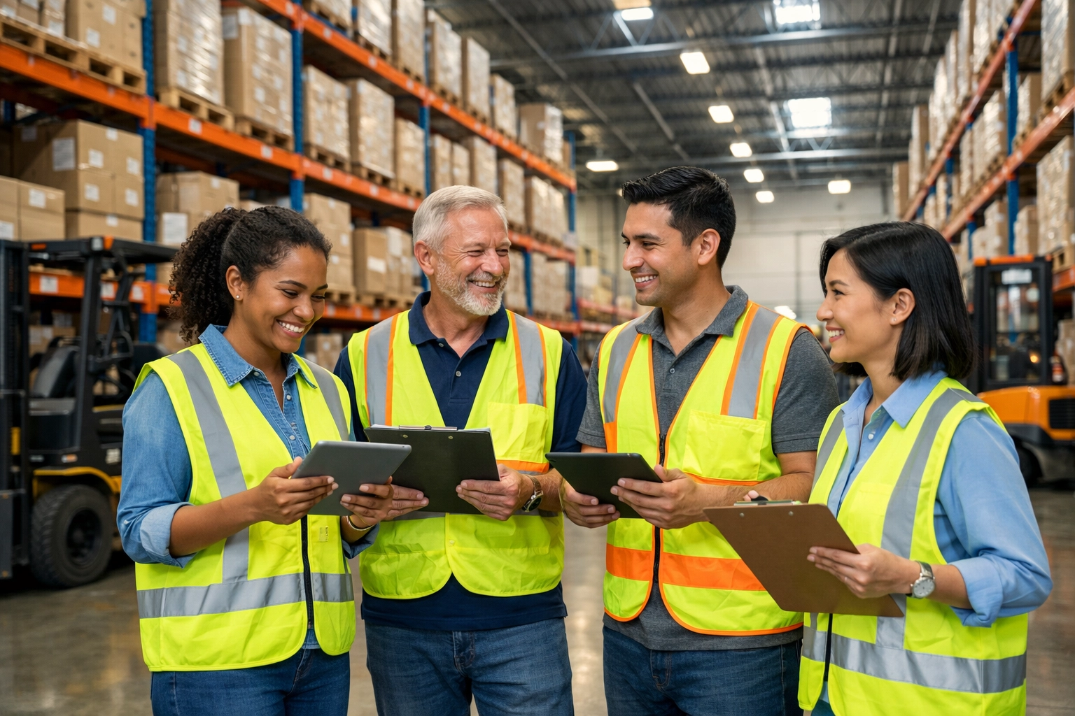 Warehouse workers collaborating in Mercer County logistics facility