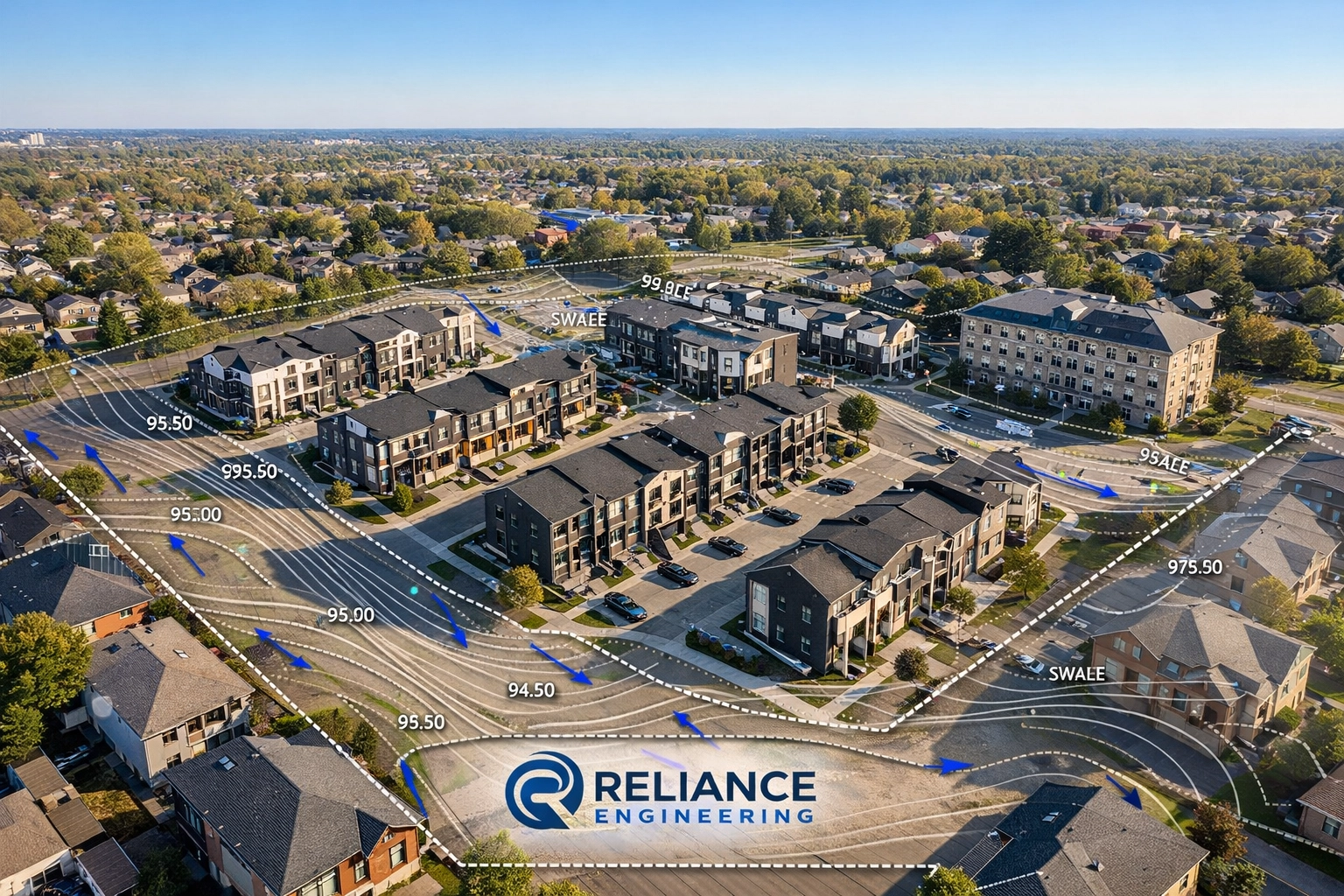 Aerial view of an Ontario housing project featuring a professional site grading plan for land development.