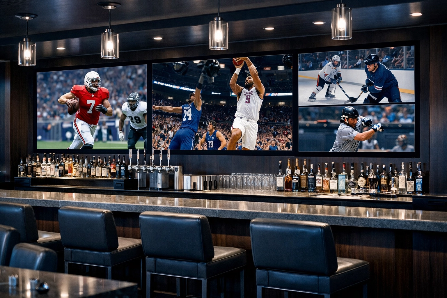 Digital displays in a modern sports bar showcasing targeted advertising for patrons during live events.