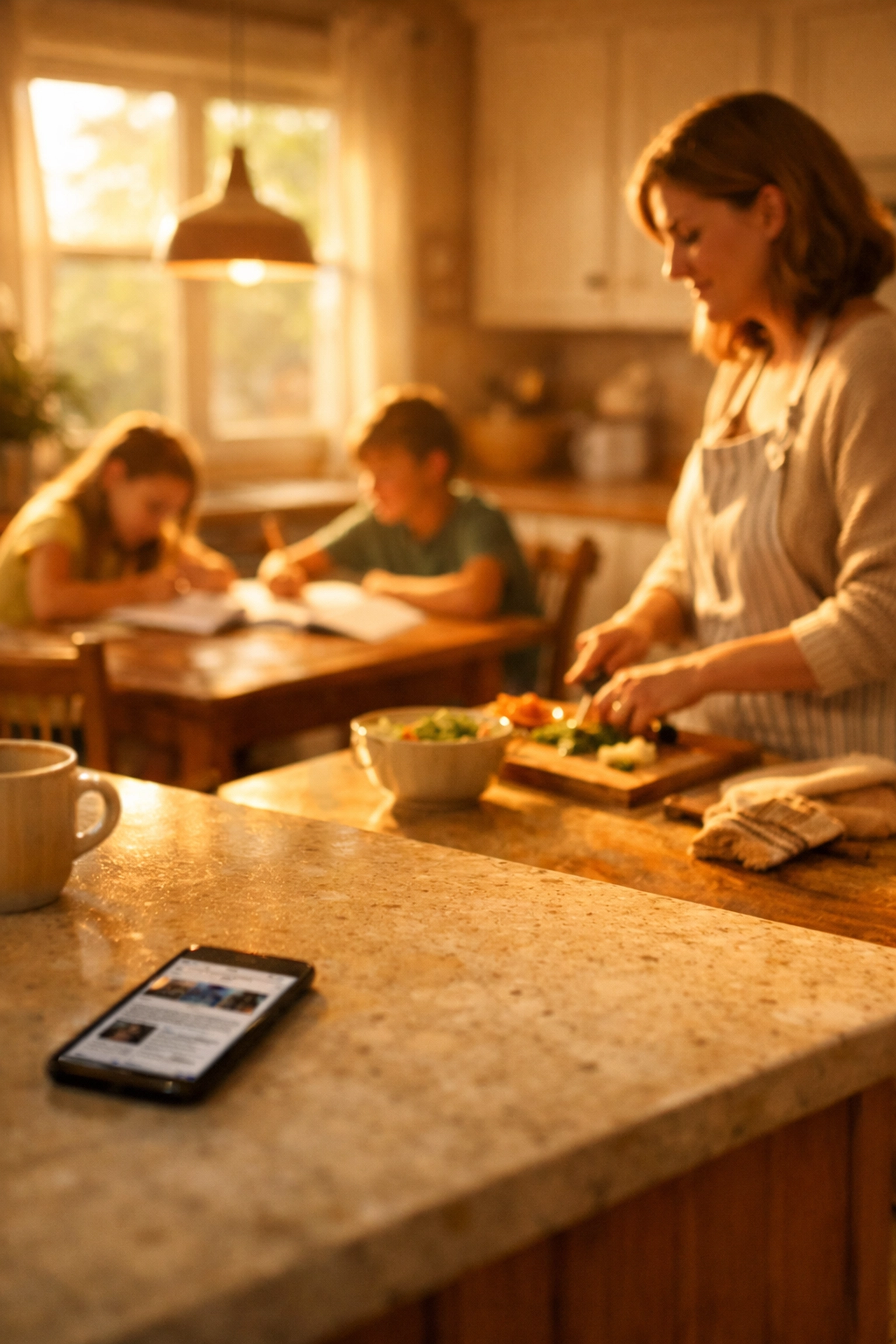 Family preparing dinner at 5 PM with peaceful Christian news consumption in kitchen
