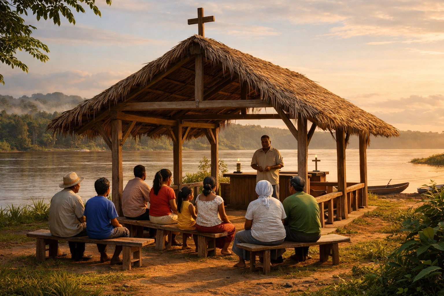 Local villagers gathering at an open-air riverbank chapel for a community worship service.