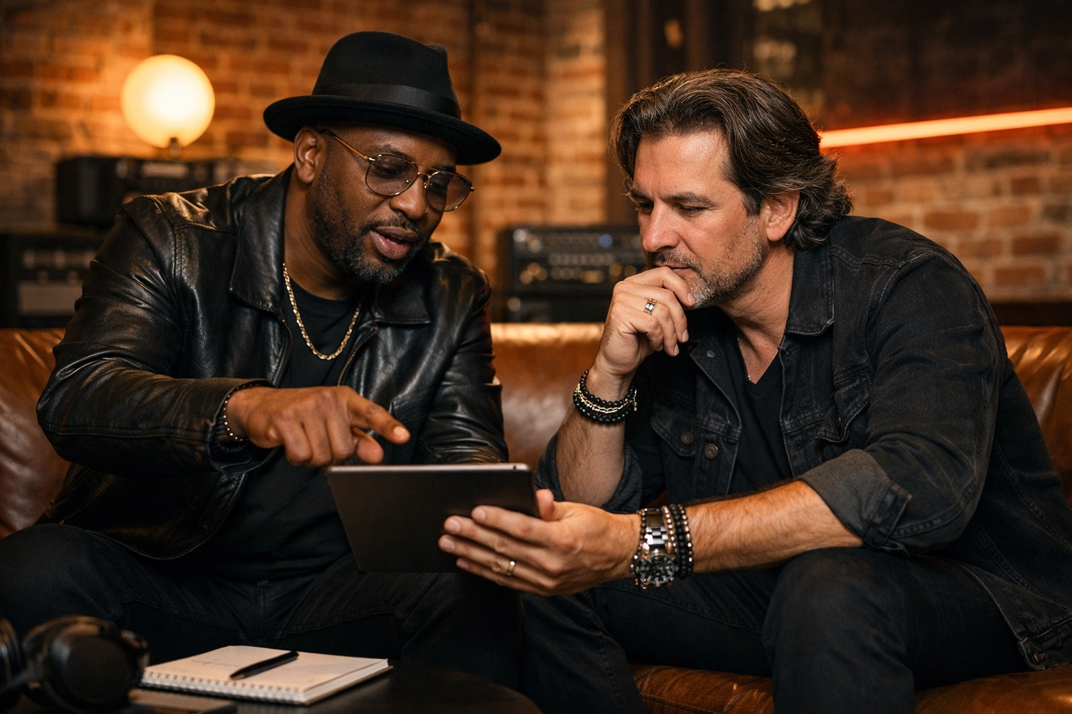 Music industry professionals collaborating in a creative lounge to build influential partnerships and brand strategy.