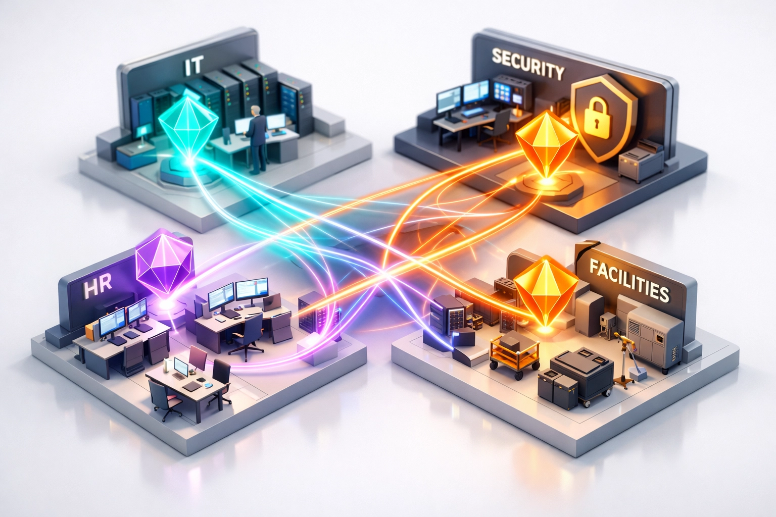 Cross-functional ITOM workflow orchestration with AI agents coordinating IT, security, and HR systems