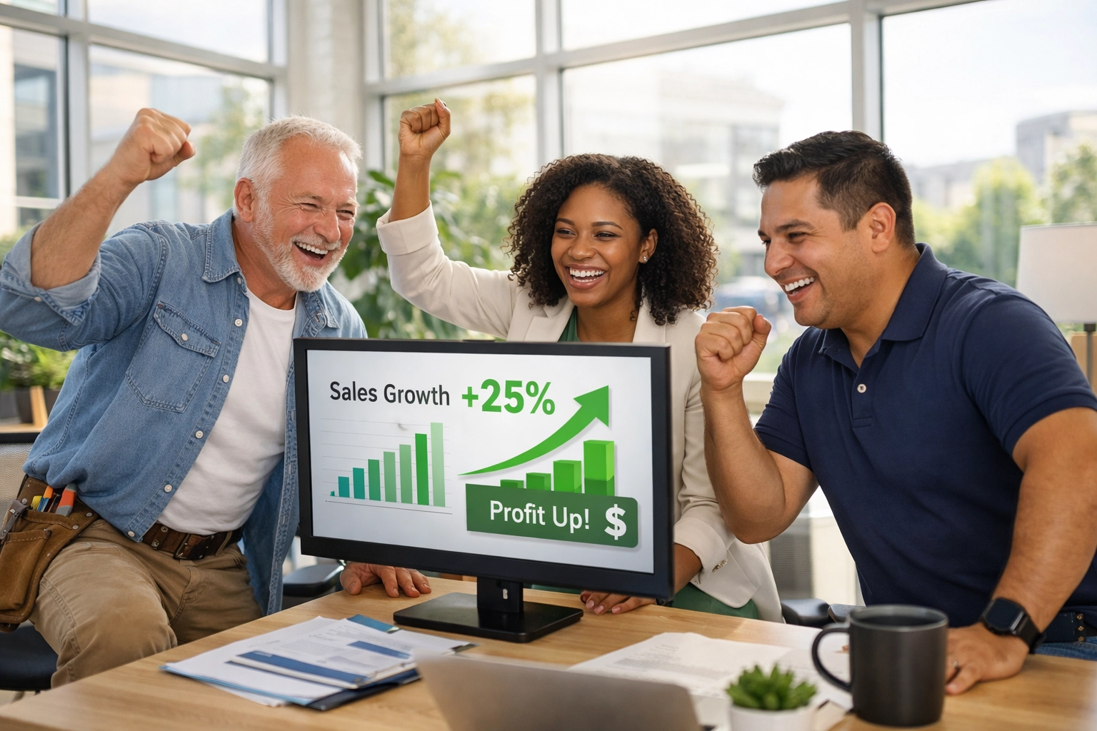 Small business owners reviewing successful tax savings and financial results