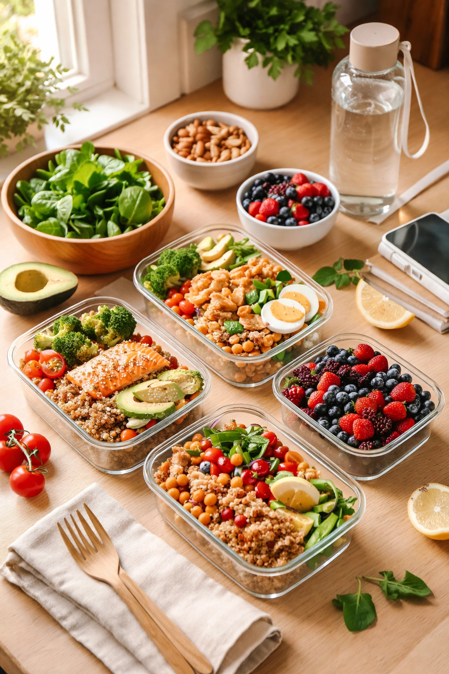 Healthy meal prep with salads, salmon, and berries on a kitchen counter, emphasising nutrition for founder performance