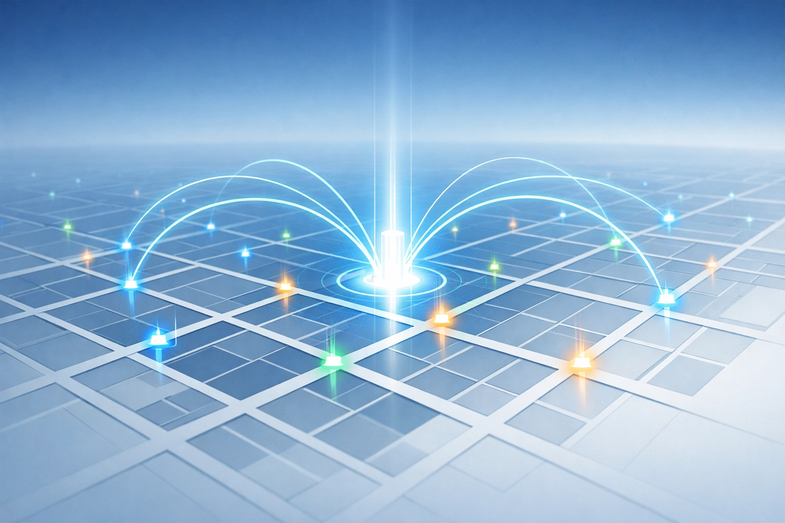 Digital map of connected nodes representing AI-driven decision support and operational connectivity.