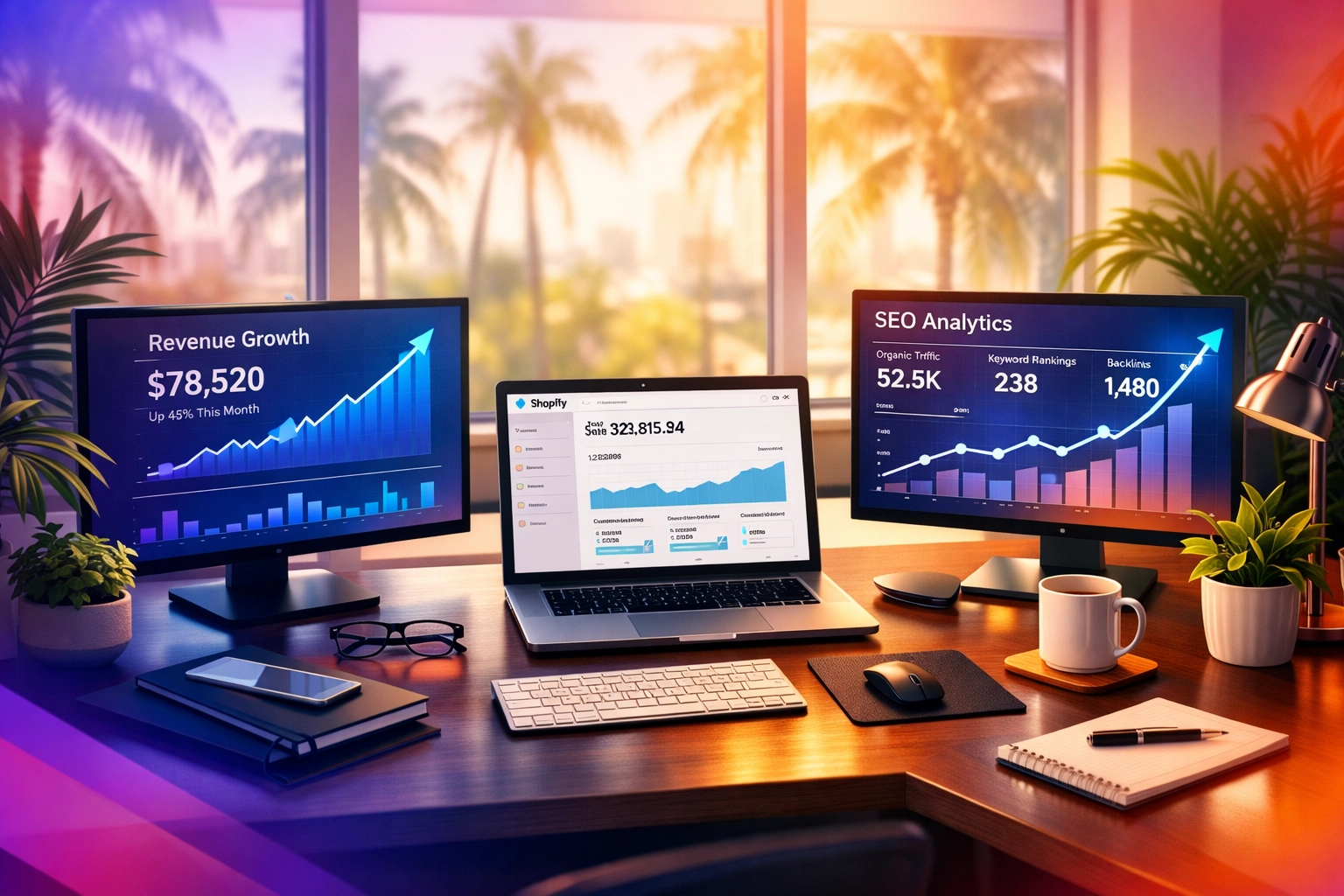 Miami entrepreneur workspace displaying revenue growth charts, Shopify analytics, and SEO performance