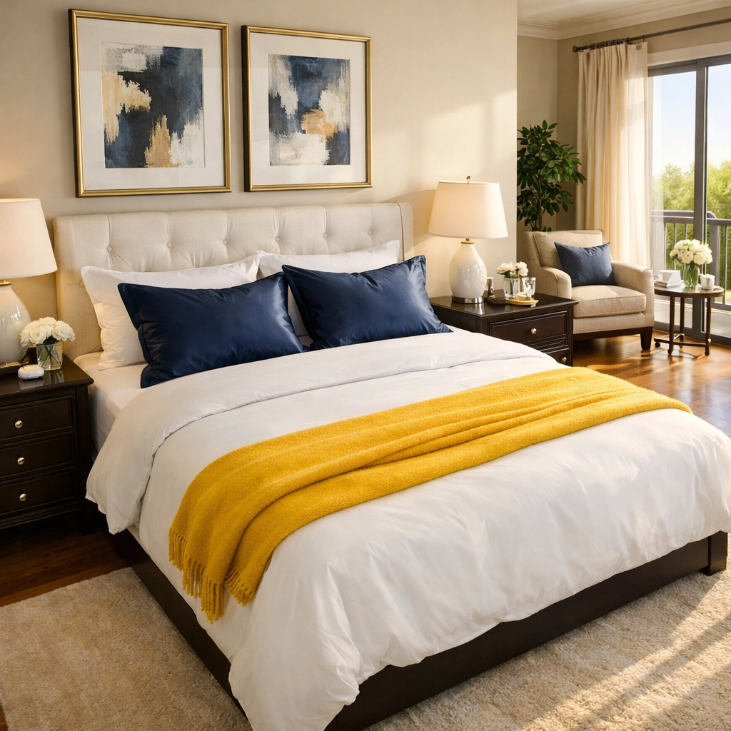 Pristine luxury bedroom in a Dover home following high-end residential cleaning Massachusetts.