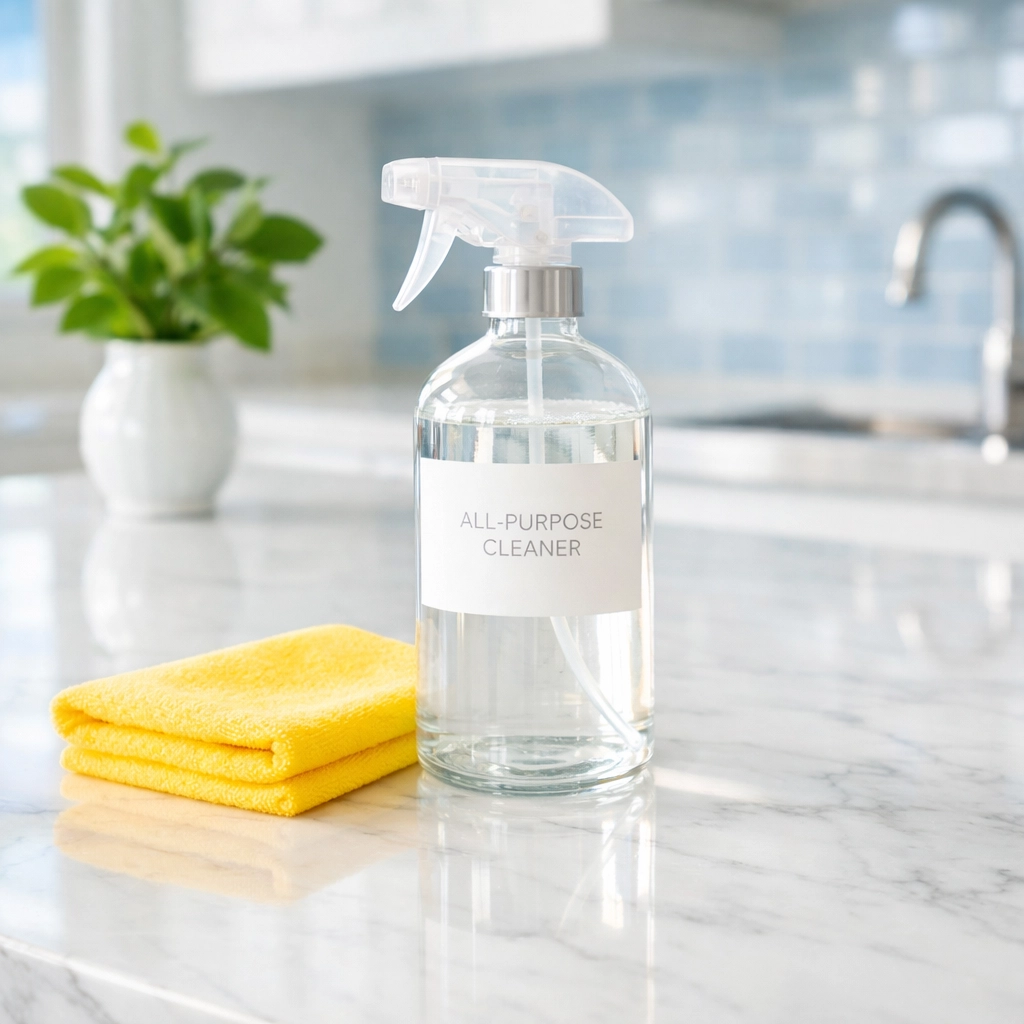 Eco-friendly Marblehead home cleaning using non-toxic products on a polished marble kitchen counter.