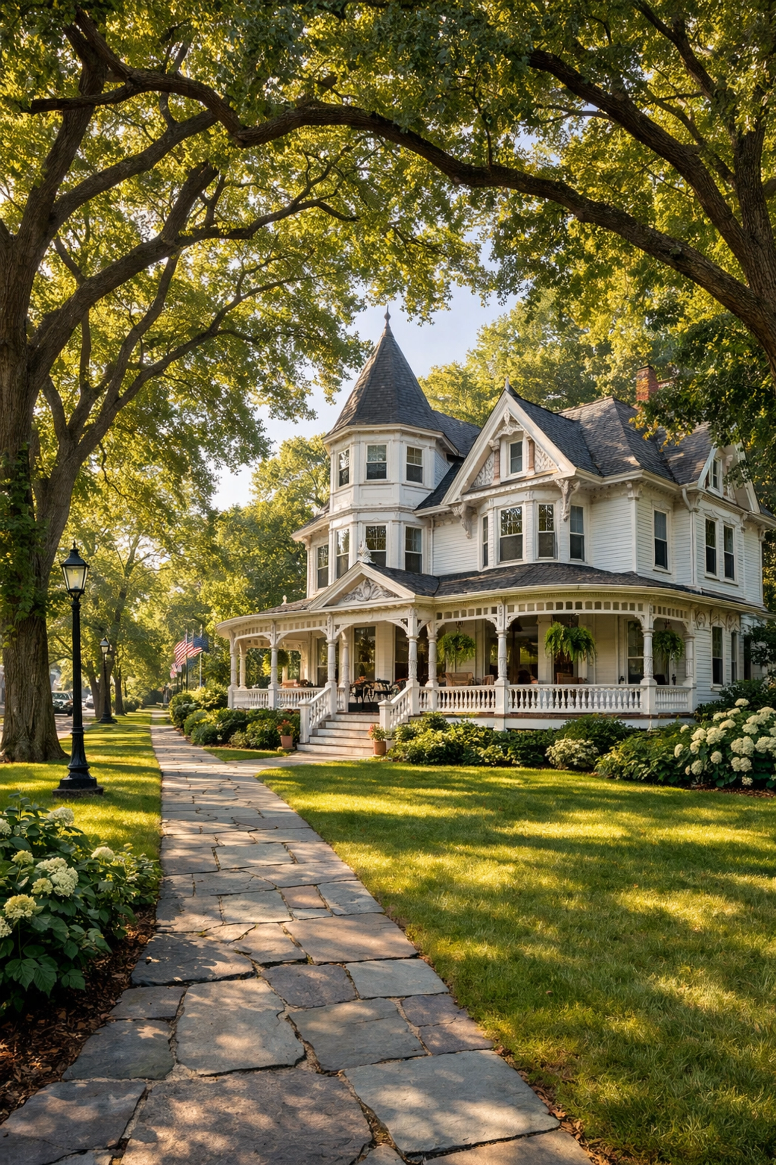 Historic Victorian home with a wrap-around porch on a tree-lined residential street in Lake Bluff, Illinois.