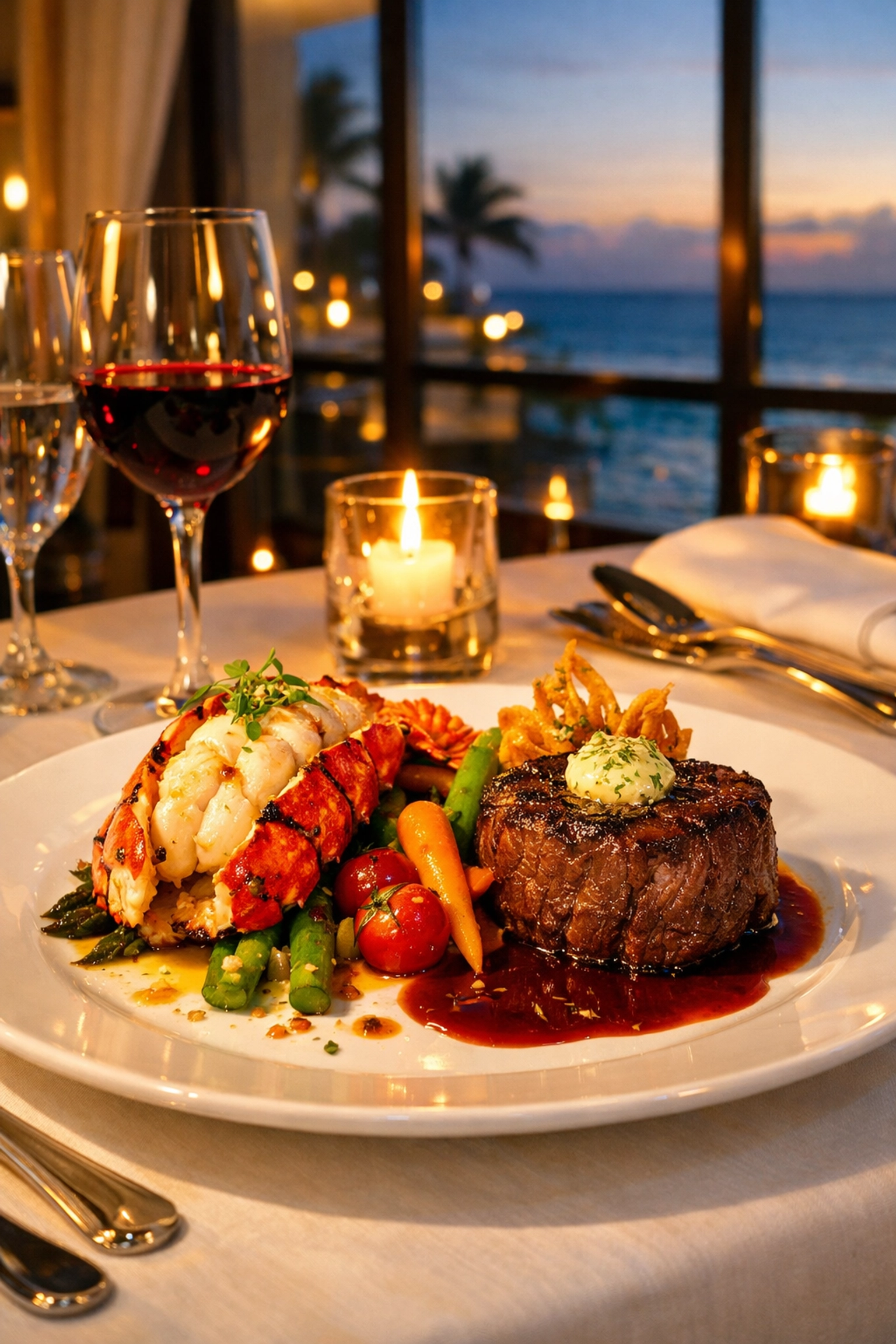Gourmet lobster and filet mignon plated at premium all-inclusive resort restaurant