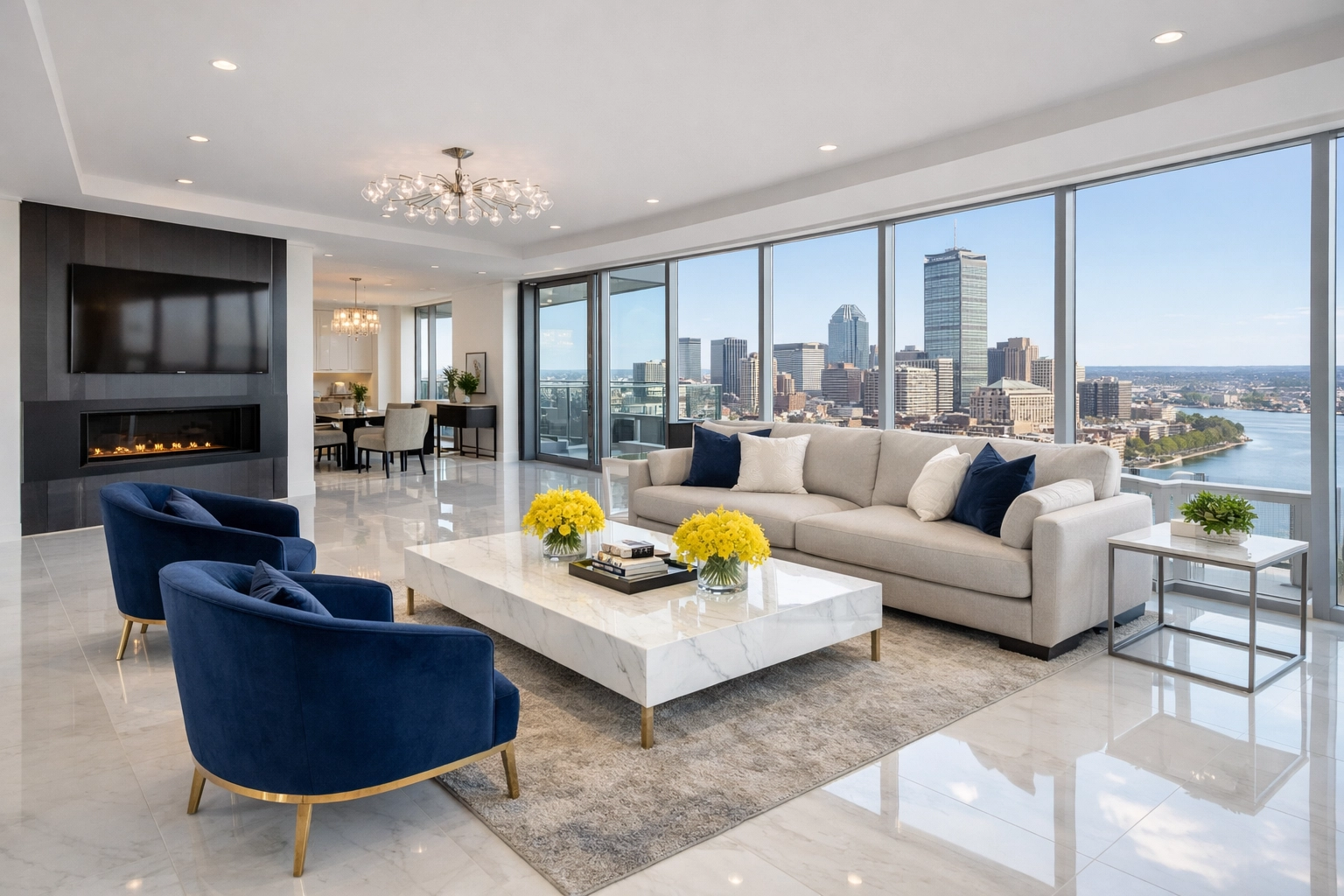 A pristine Boston living room after professional post-construction cleaning MA, move-in ready and dust-free.