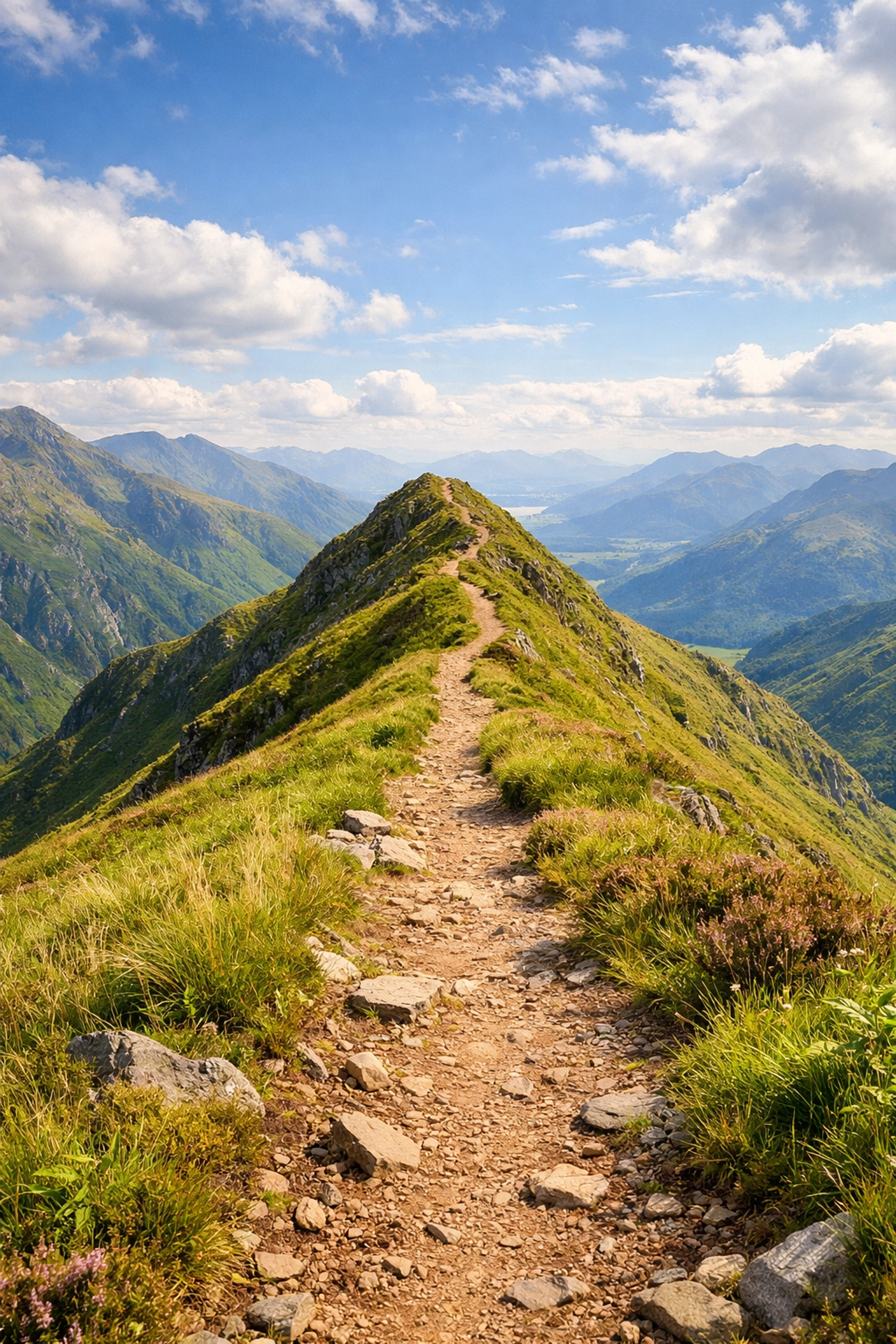 A scenic mountain hiking trail winding through the lush green ridges of Glencoe, Scotland.