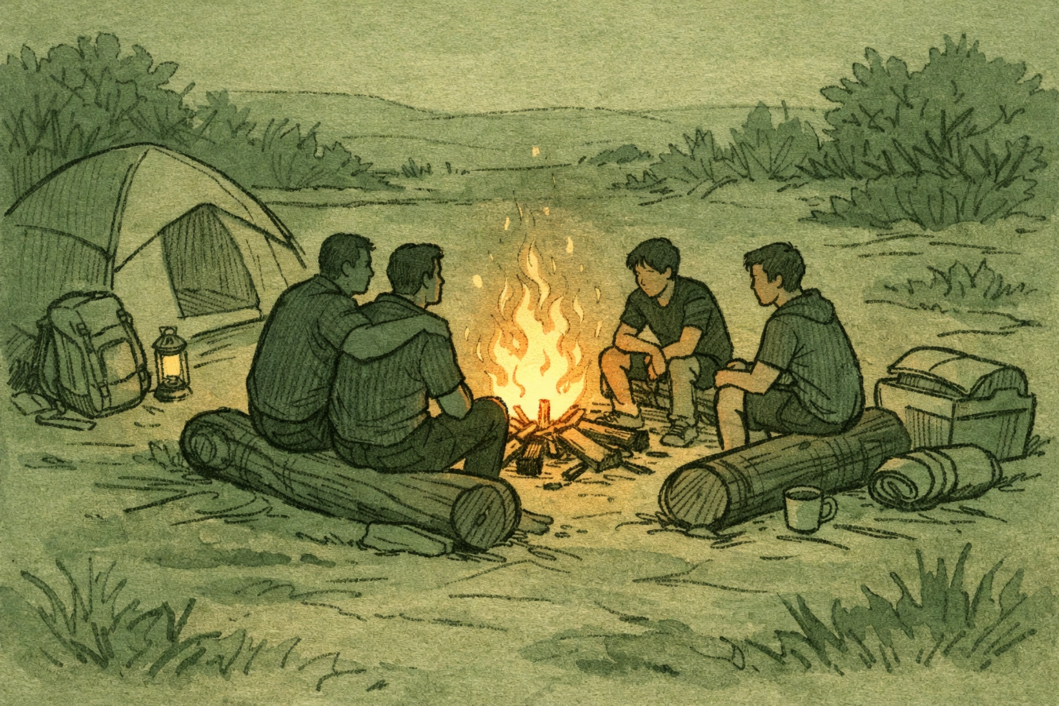 Gay family of four bonding around campfire during cross-country Pride road trip