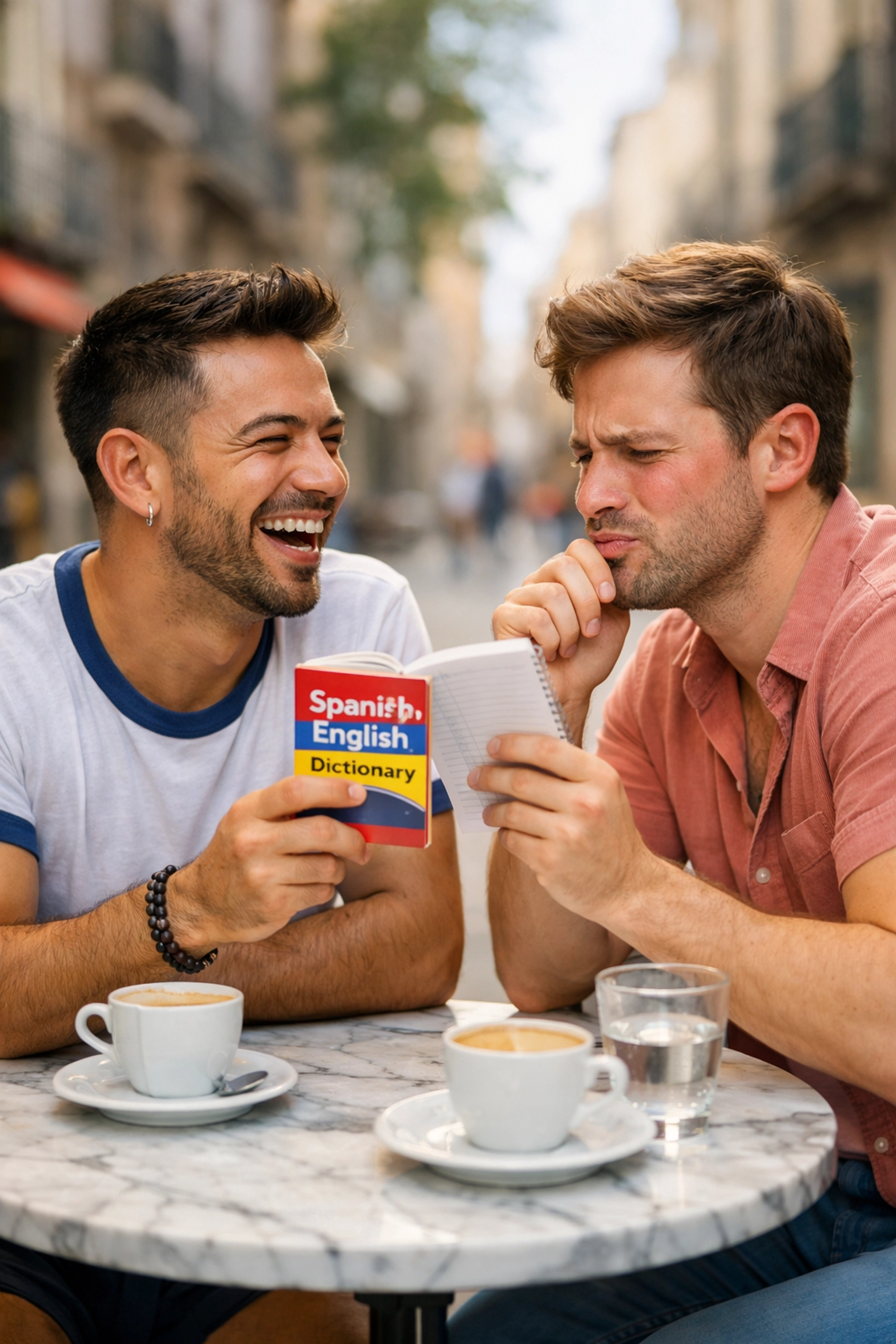 Two men flirting at a cafe during a language exchange, a perfect start for a gay romance novel.