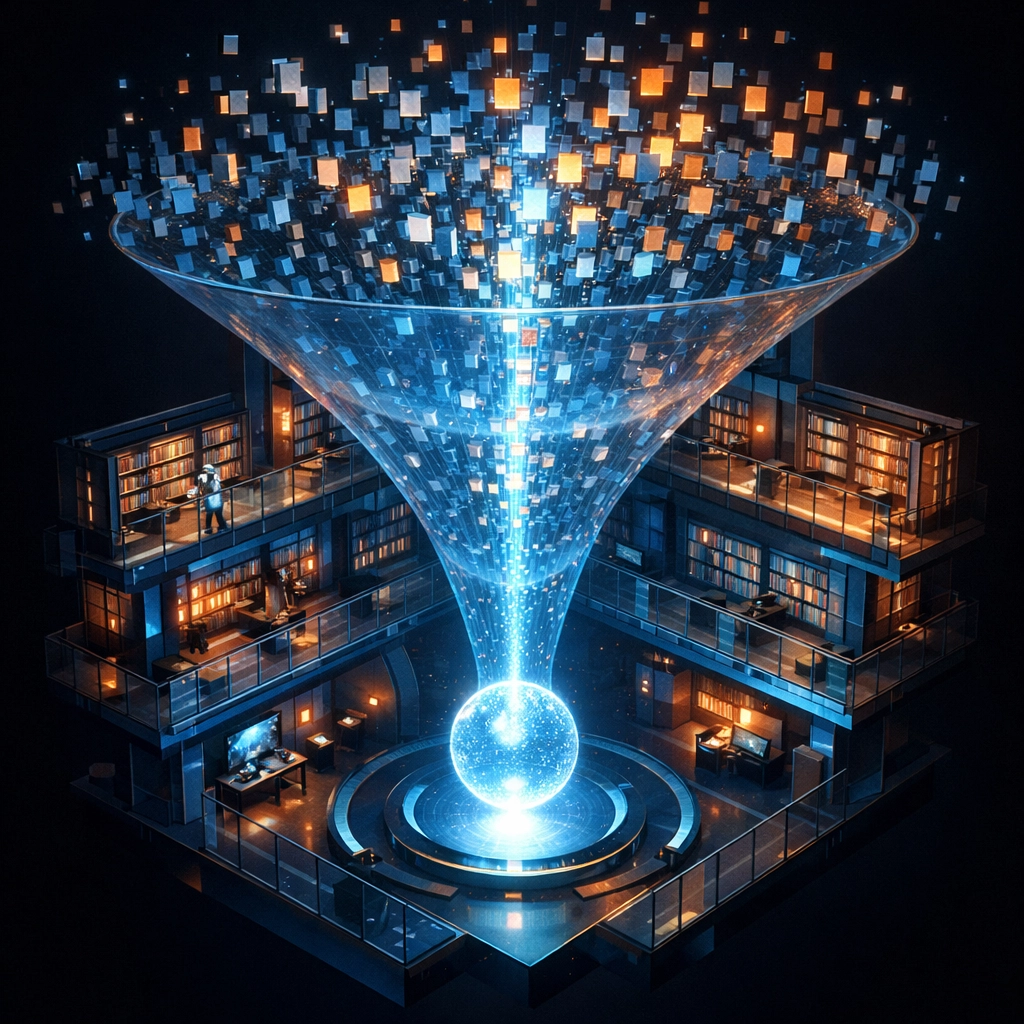 Visualizing the AI search process of data retrieval and synthesis into concise generative answers.