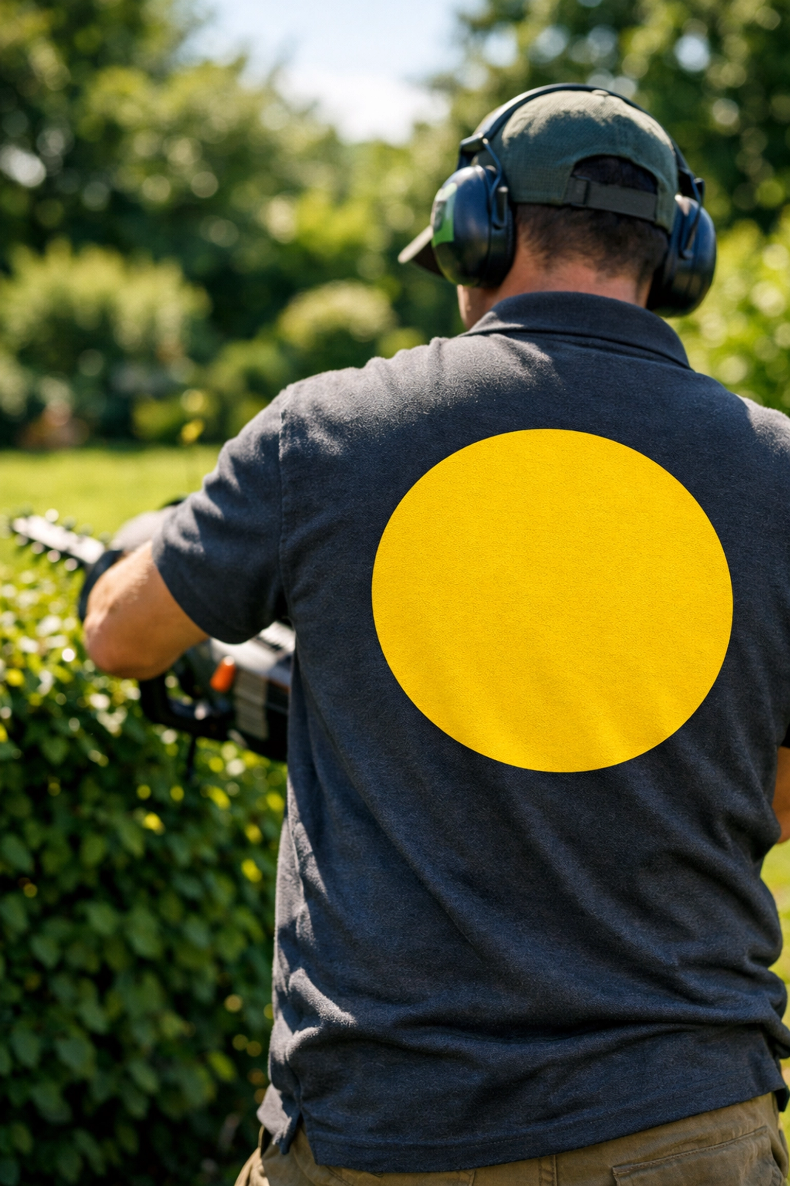 Close-up of a landscaper's work shirt showcasing visible branding from a screen printing near me service.