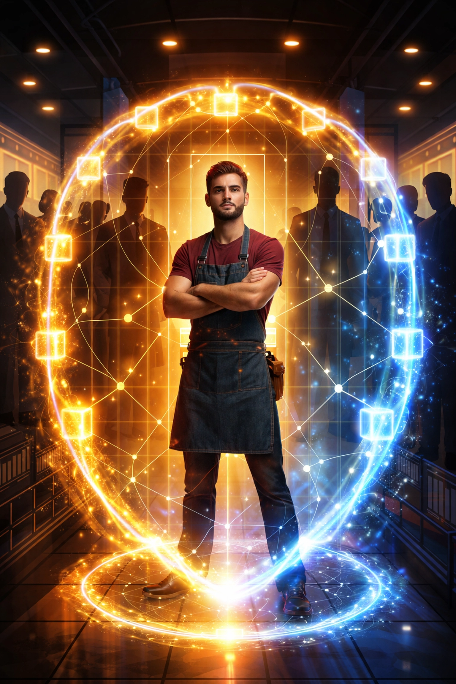 Small business owner protected by a glowing blockchain shield, highlighting Larecoin's self-custody and stablecoin benefits for merchant financial independence.