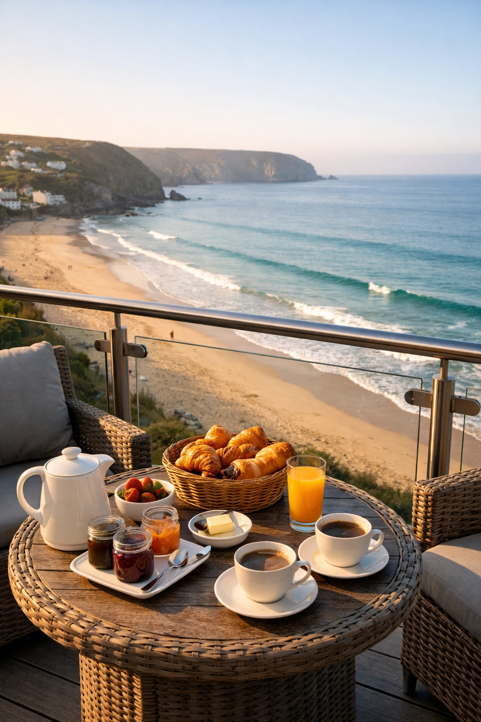 Morning breakfast on apartment balcony overlooking Porthtowan Beach in Cornwall