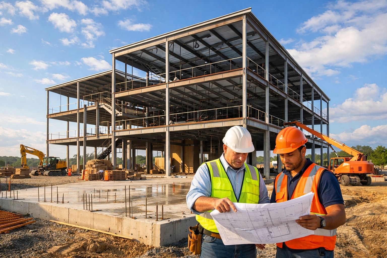 Commercial building construction site in North Carolina with contractors reviewing project plans
