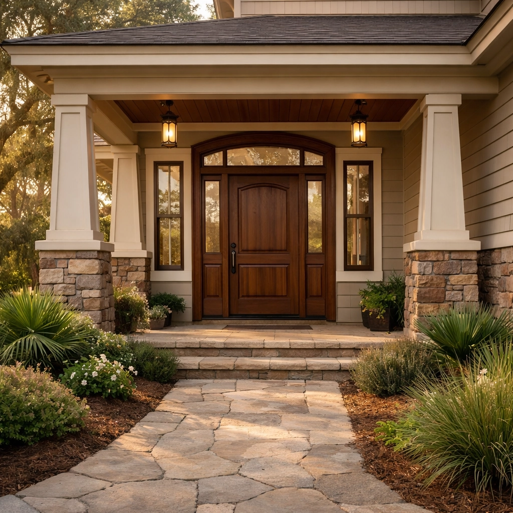 Custom home entrance in Columbia SC with craftsman porch and landscaping