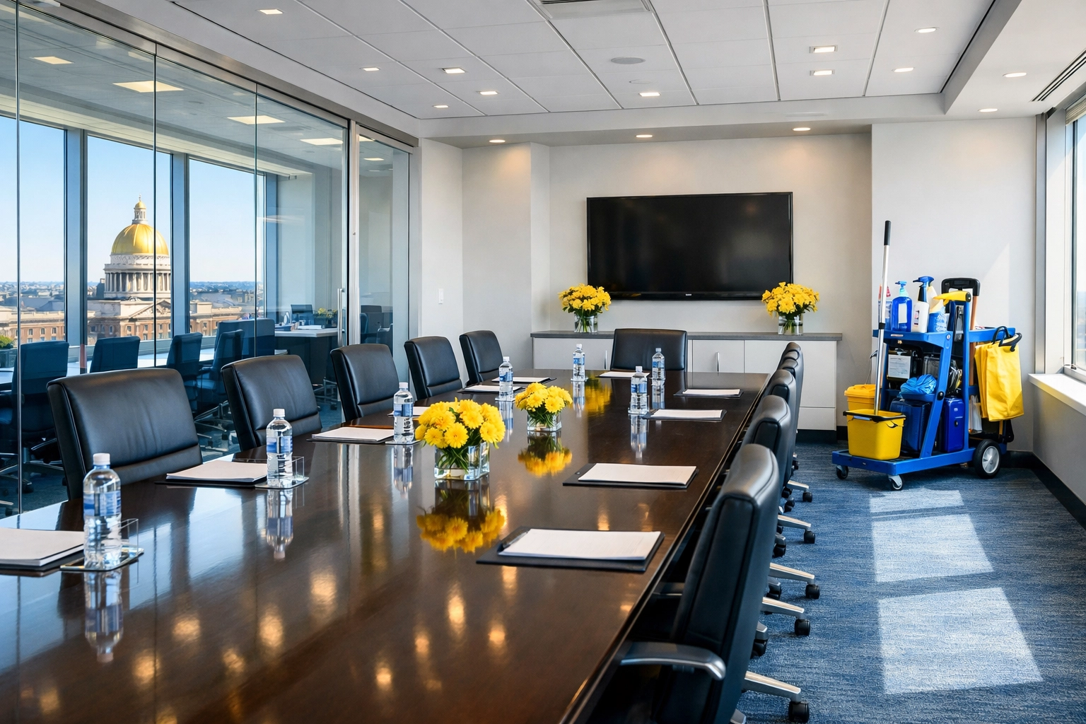 Impeccably clean Massachusetts boardroom showing high-quality janitorial services in a professional corporate setting.