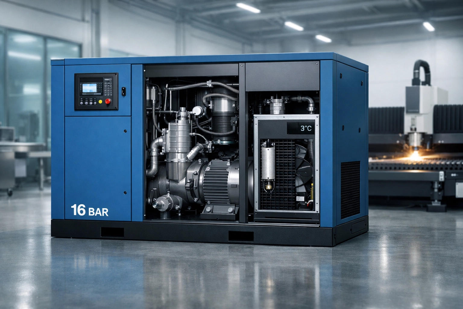 Integrated 16 bar screw air compressor and dryer powering an industrial fiber laser cutting machine.