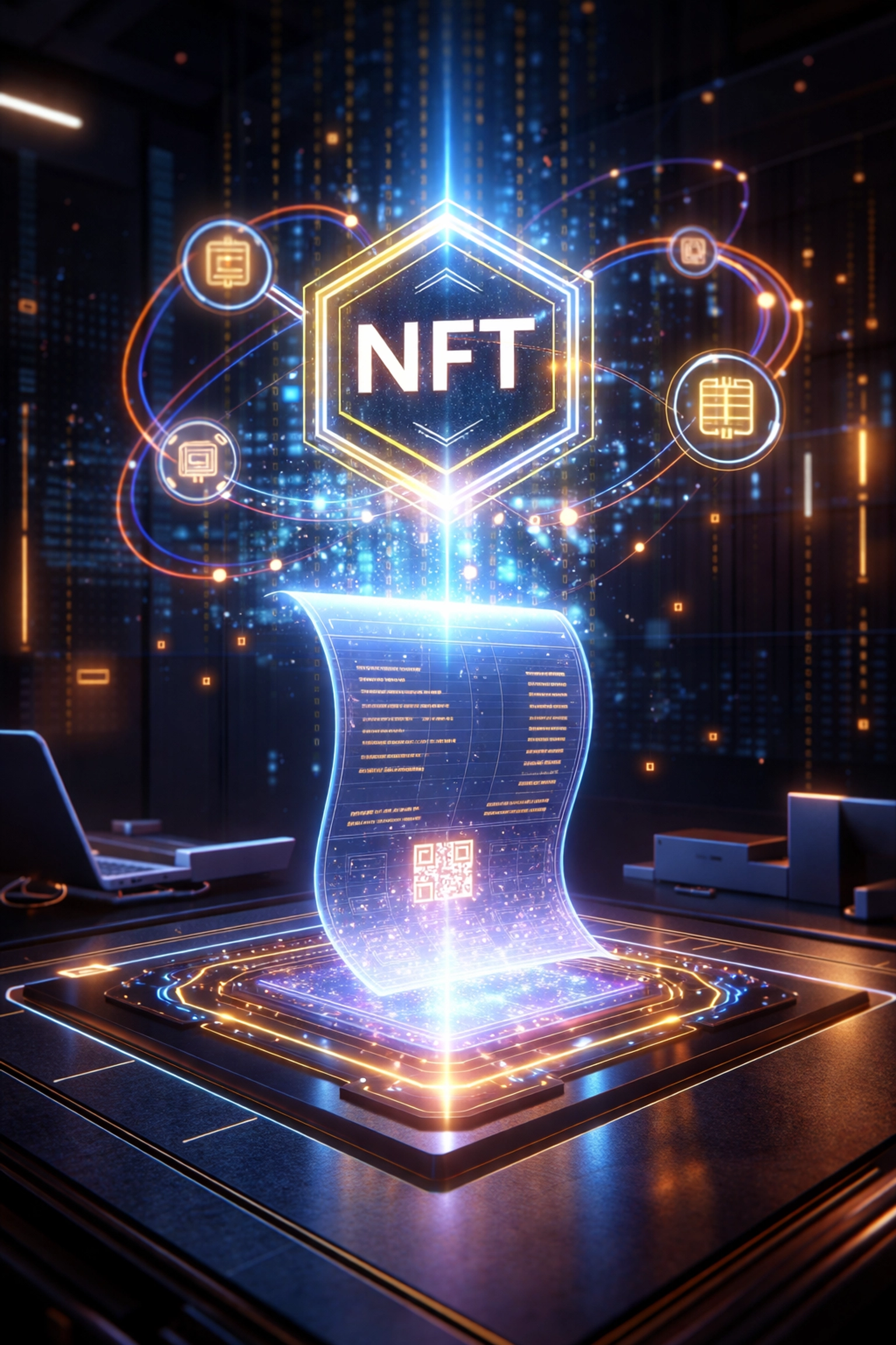 Digital receipt transforming into an NFT token above a merchant desk, highlighting crypto accounting automation and NFT receipts.