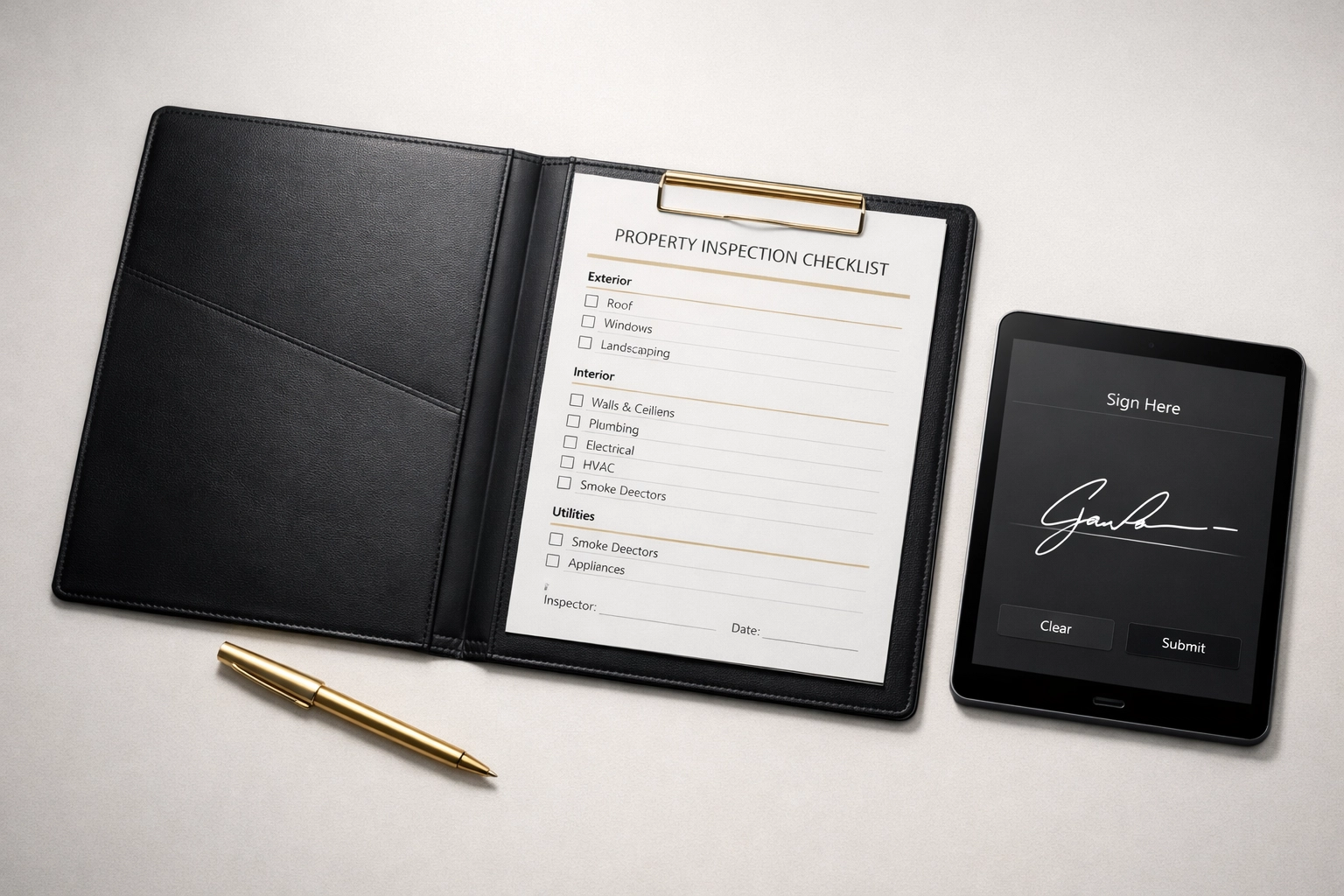 Property check-in report checklist with digital signature tablet for tenant sign-off