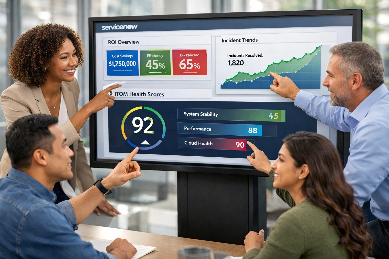 IT team analyzing ServiceNow ITOM ROI metrics and health scores on collaborative dashboard