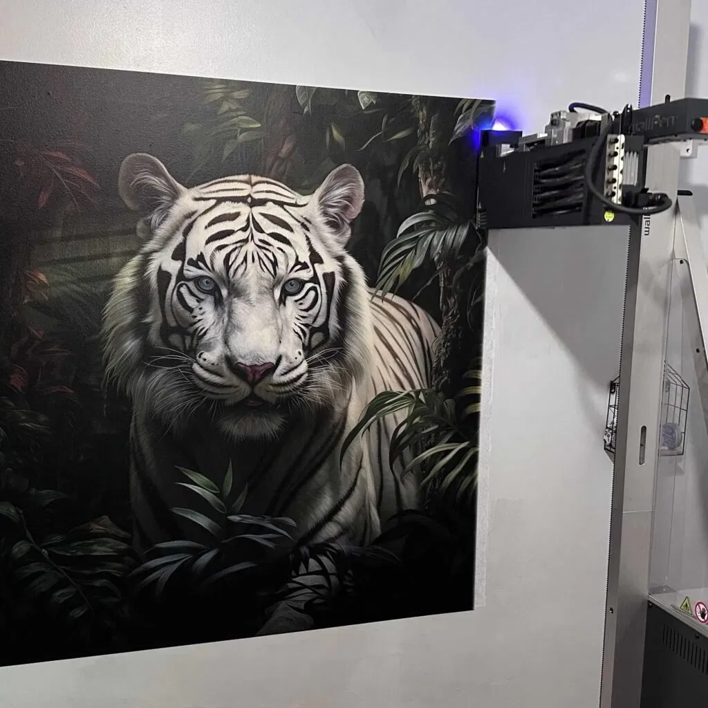 Photorealistic jungle mural with white tiger