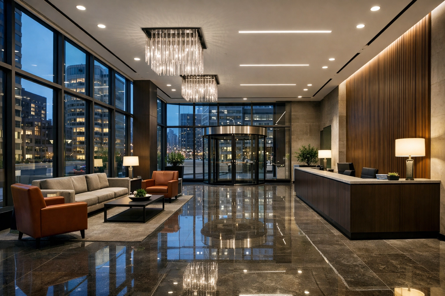 A sleek, professional apartment lobby in Indianapolis, reflecting high-quality janitorial and property maintenance.