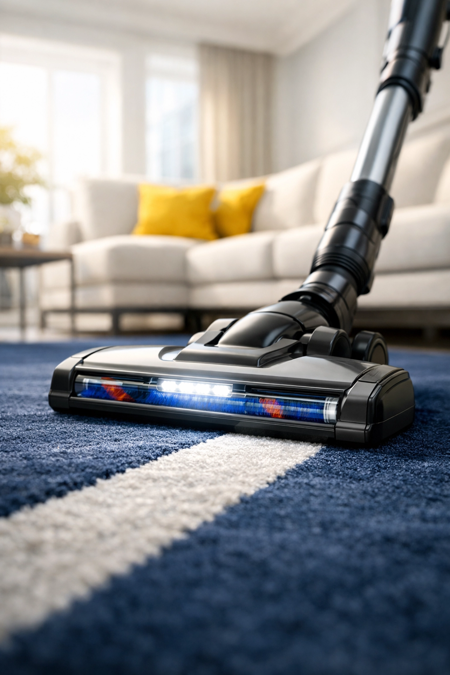 High-tech vacuum cleaner removing pet hair from a navy blue area rug in a modern living room.