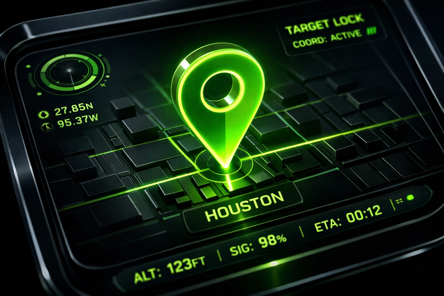 High-tech GPS interface showing precise location-based targeting for Houston interstate towing directory listings.