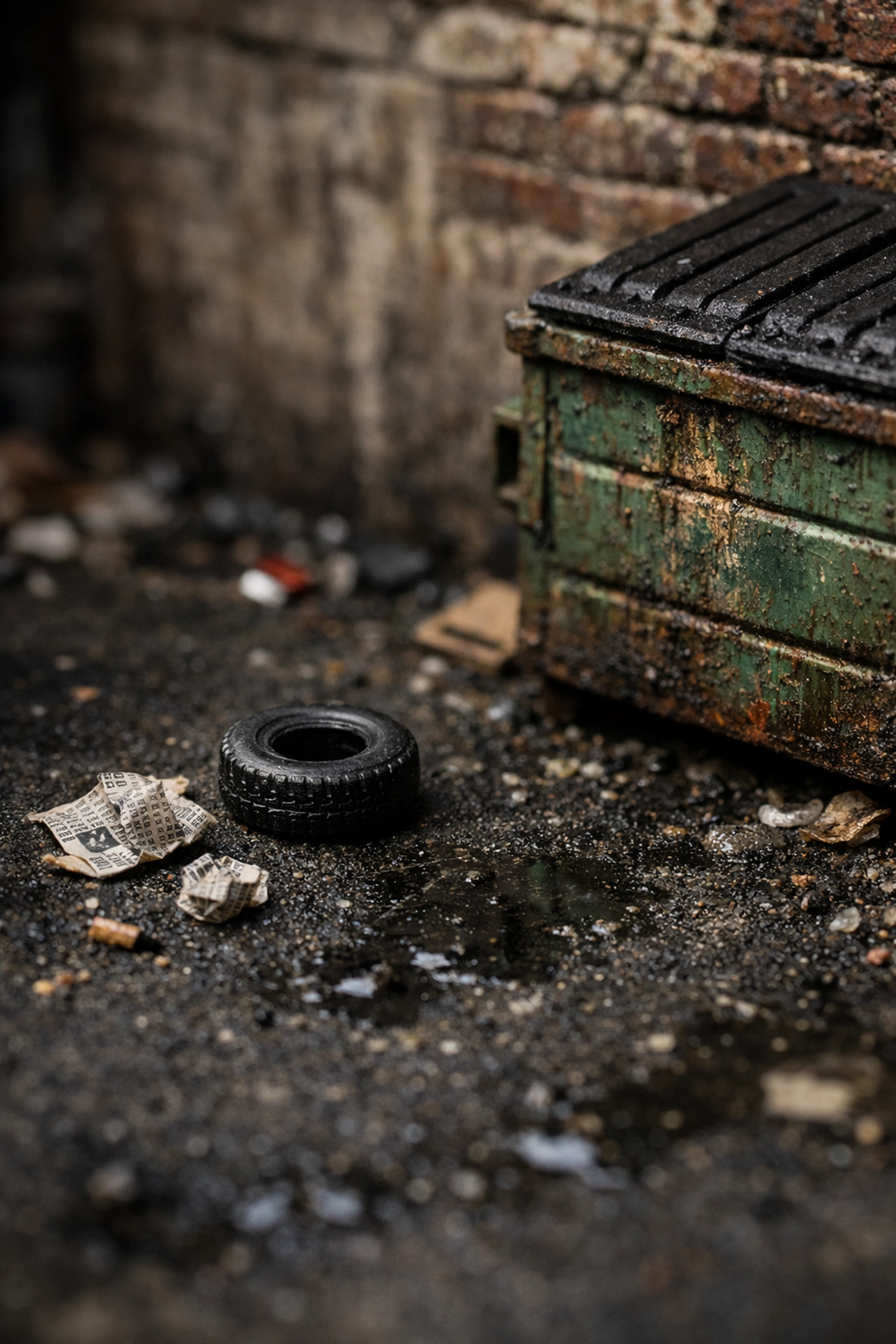 Gritty 1:64 miniatures of an urban alleyway for realistic DoubleGDiecast crime scene dioramas.