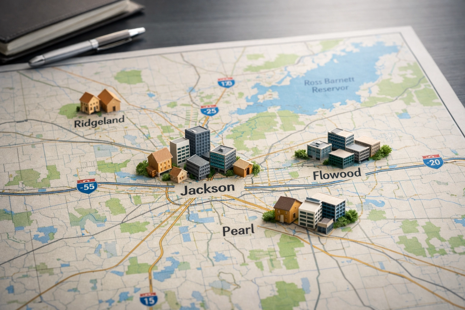 Mississippi market map showing Jackson, Pearl, and Flowood business broker coverage areas